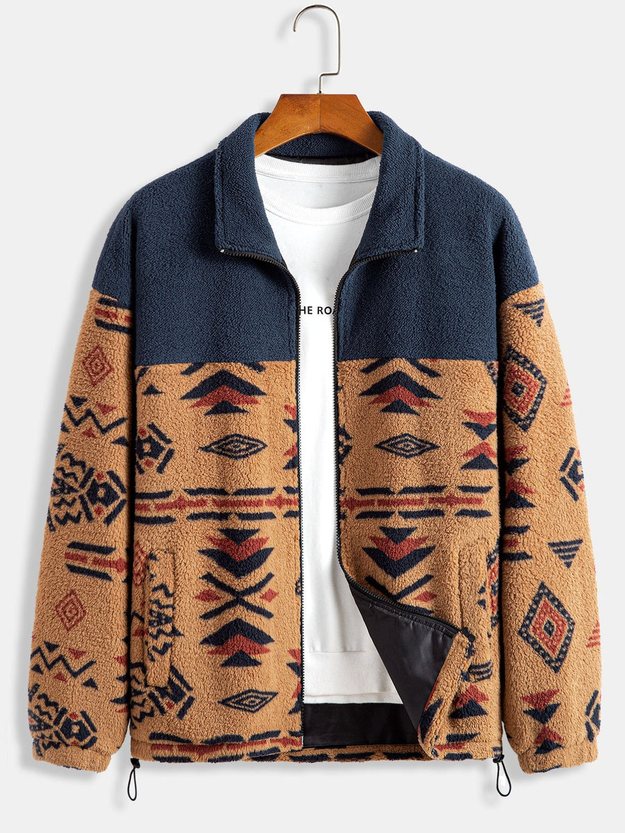 Aztec Print Patchwork Teddy Fleece Coat-CRERI