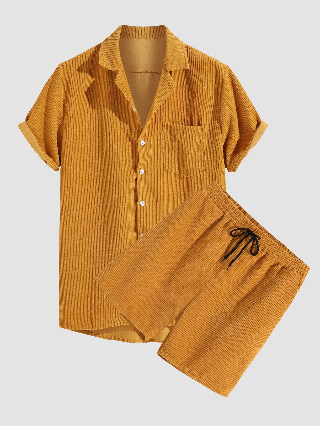 Corduroy Short Sleeved Revere Collar Shirt & Corduroy Drawstring Shorts